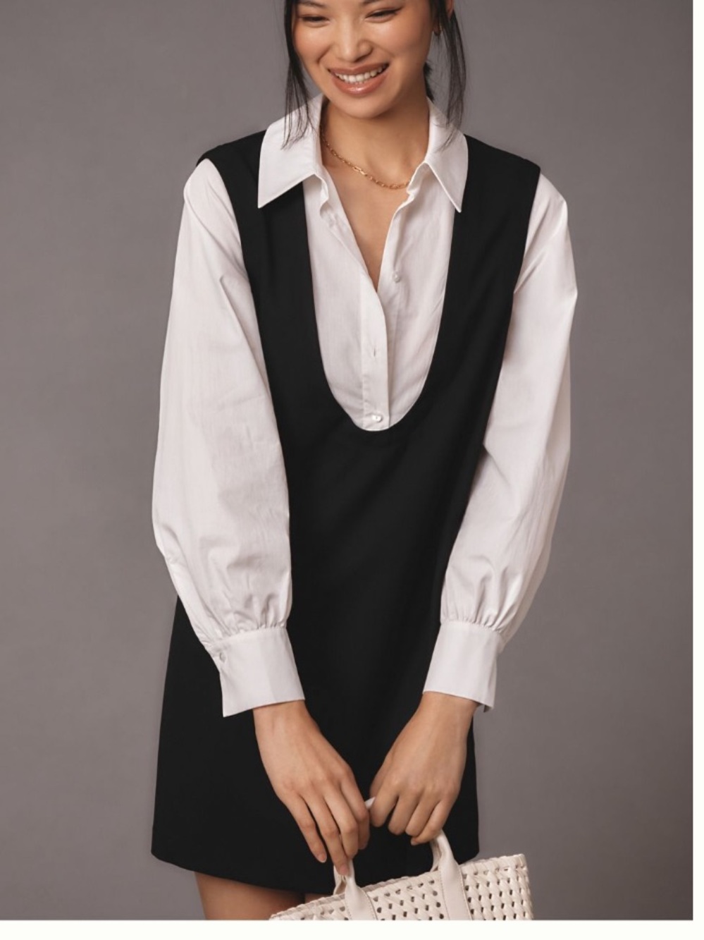 Maeve Long-Sleeve Twofer Pinafore Mini Dress Black White Size M Academia